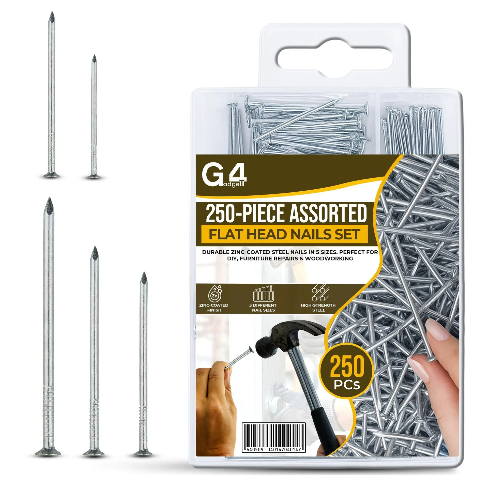 250PCS of Various Sizes of Flathead Nails, High-Quality Galvanized, for Home Repairs. 5 Different Sizes Available.