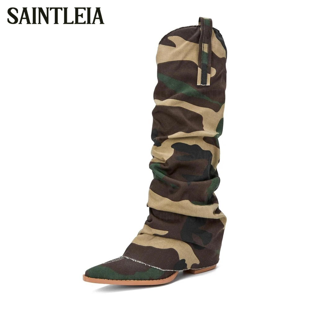 Camouflage Print Mid Heel Knee High Boots Camo Pattern Mid Length Cowboy Boots Pleated Details Pointed Toe Pull on Women's Boots