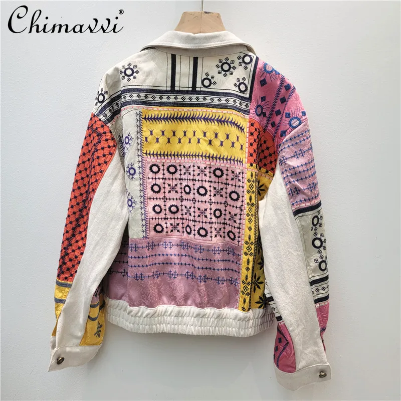 

Новинка весны 2026, короткая женская джинсовая куртка с отложным воротником в стиле пэчворк, свободная уличная куртка с длинными рукавами, топ