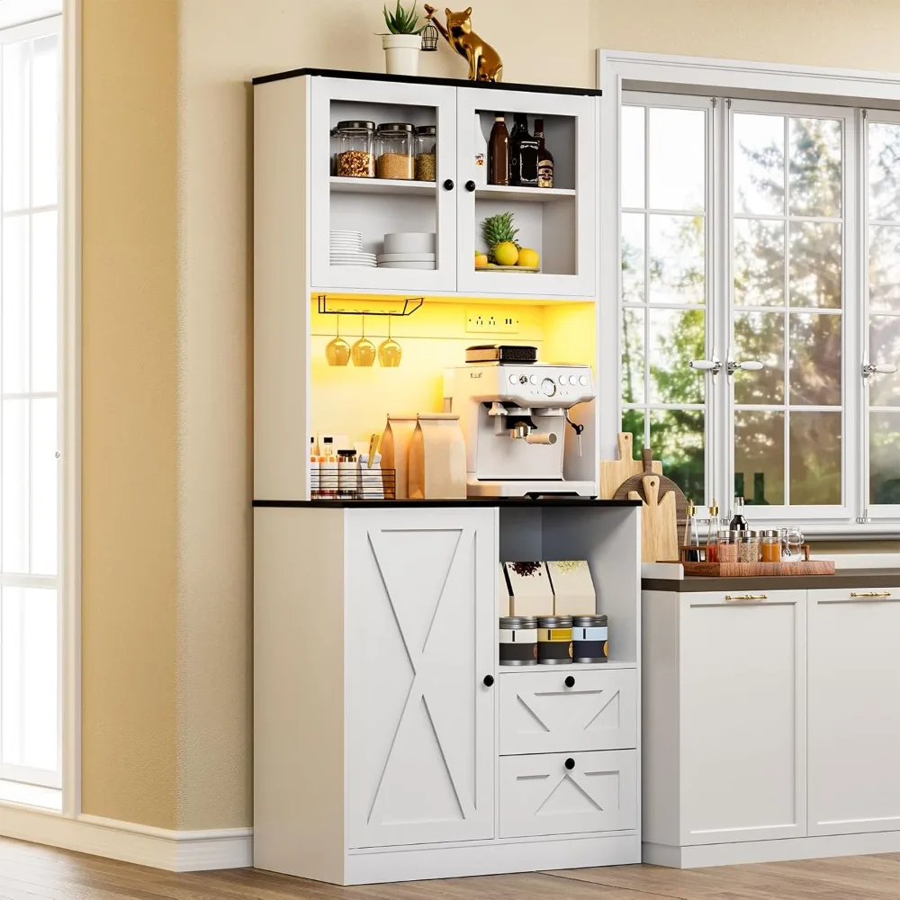 Tall Farmhouse-Style Kitchen Pantry Cabinet with LED Lighting and Power Outlet, Including Microwave Stand and Globet Ho Features