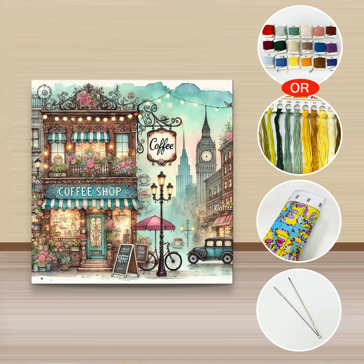 1 Stück 40x40 cm/15,74 Zoll, 11Ct/14Ct Kreuzstich-Set, DIY Valentinstagsgeschenk, Stickerei-Set für Festivals, London Coffee Shop – Detail 2