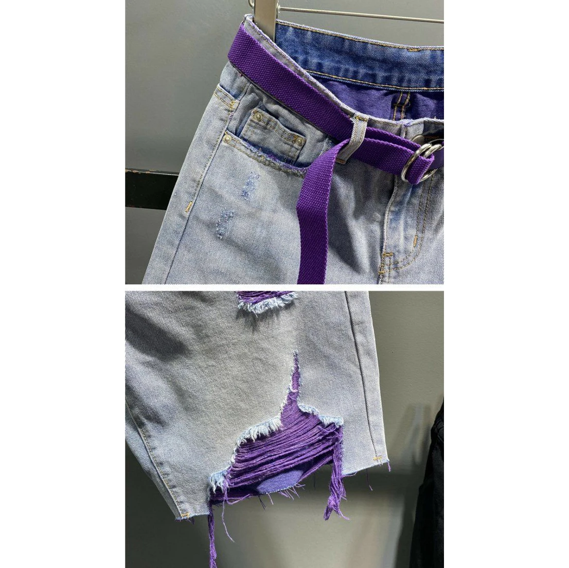 Y2K Purple Liner Distressed Denim Bermuda Shorts With Belt Ripped Frayed Hem High Waist Loose Wide Leg Jean Shorts Women view 5