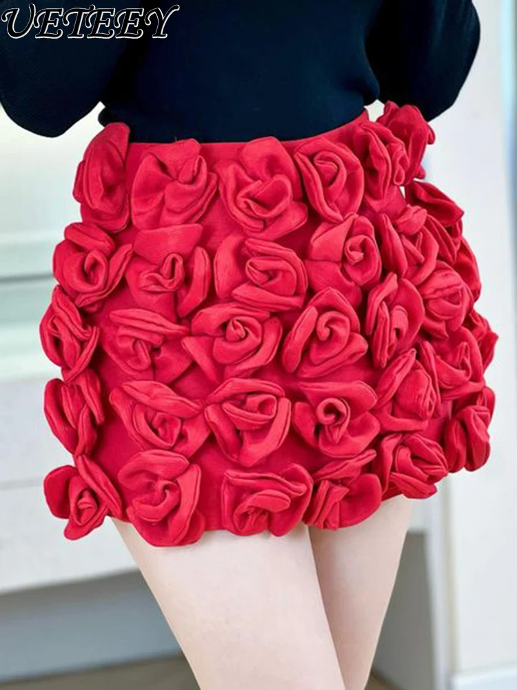 

Socialite Style 3D Flower Red Mini Skirt Women's Fashionable Exquisite Lining Anti-Exposure Bottom Shorts Short Skirts