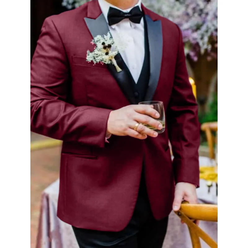 

Men Suit 3 Pieces Burgundy With Black Peaked Lapel Business Casual Fit Wedding Groom Party Banquet Set Jacket Vest With Pants