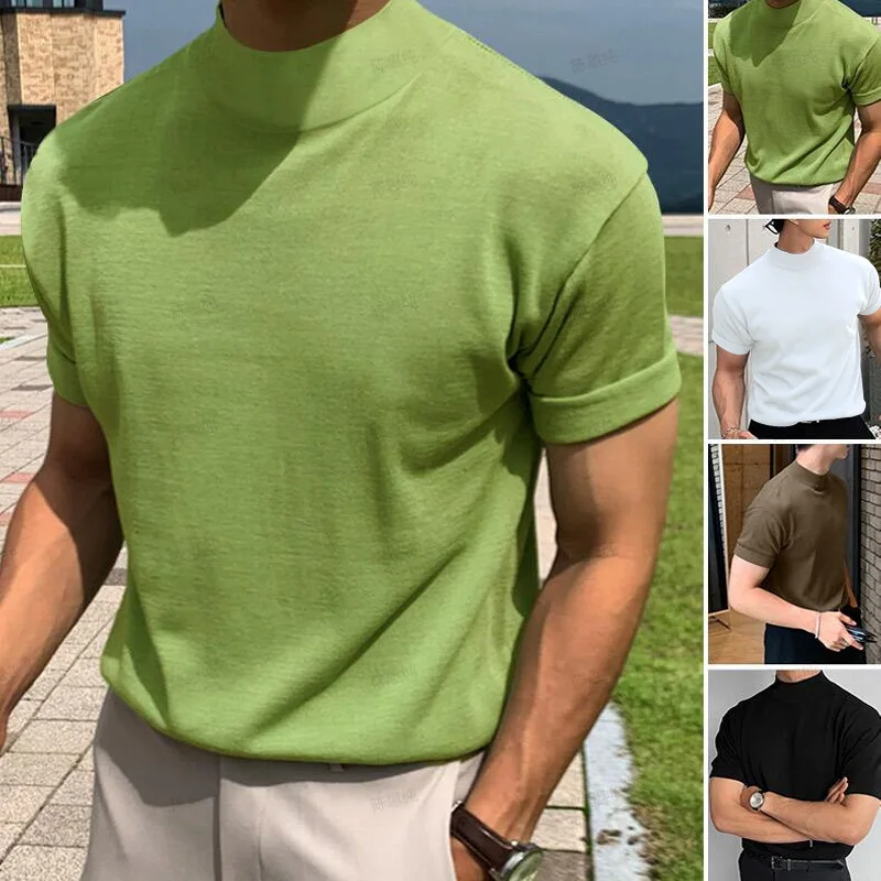 Men's High Neck Short Sleeve T-shirt Solid Color Slim Fit Casual Summer Basic Daily Undershirt Tops
