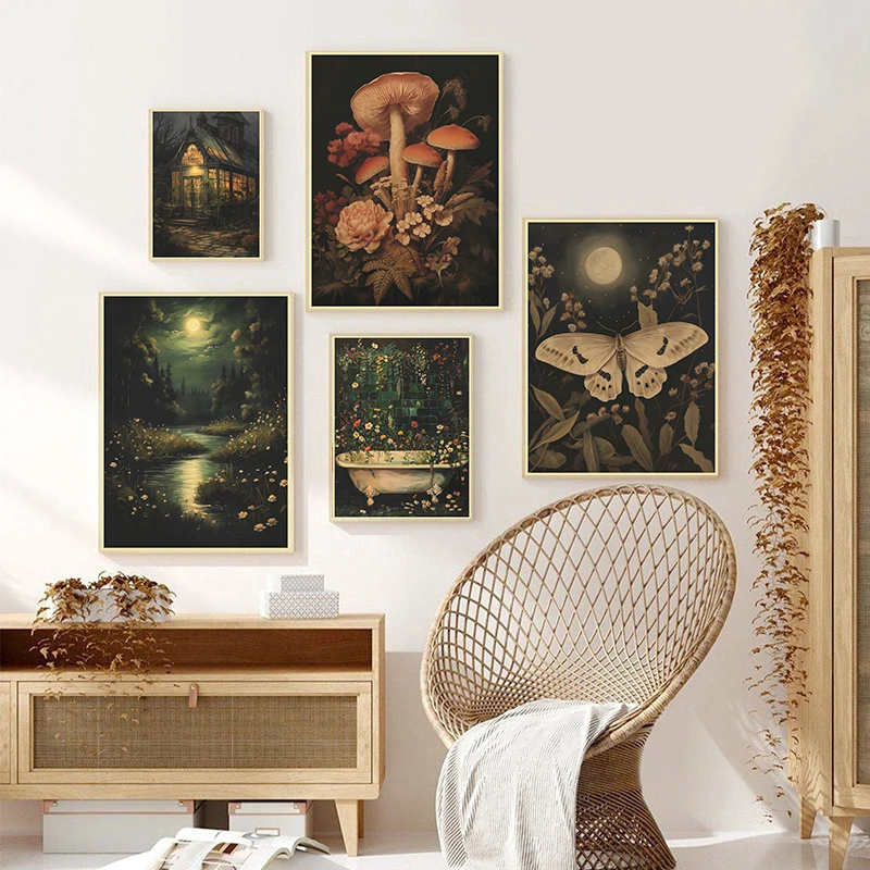 Painting Green Forest Poster  Waterfall Stream Flower Leaf Spring Print Nature Landscape Picture Ar