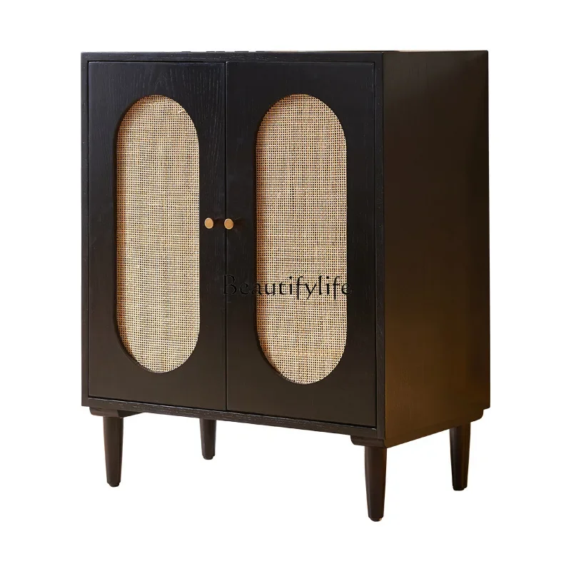 Rattan solid wood dining side cabinet Japanese black large-capacity storage double door cabinet