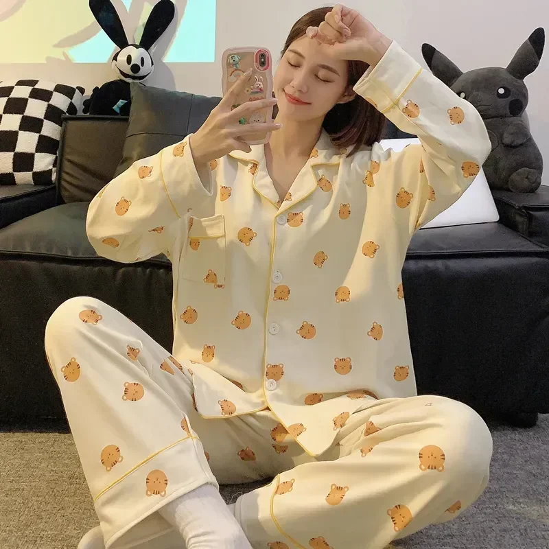 Female Cute Cartoon Soft Pyjamas Services Home Set Turn-down Long Pajamas Sleepwear Sleeves Suit Collar Womens Homewear