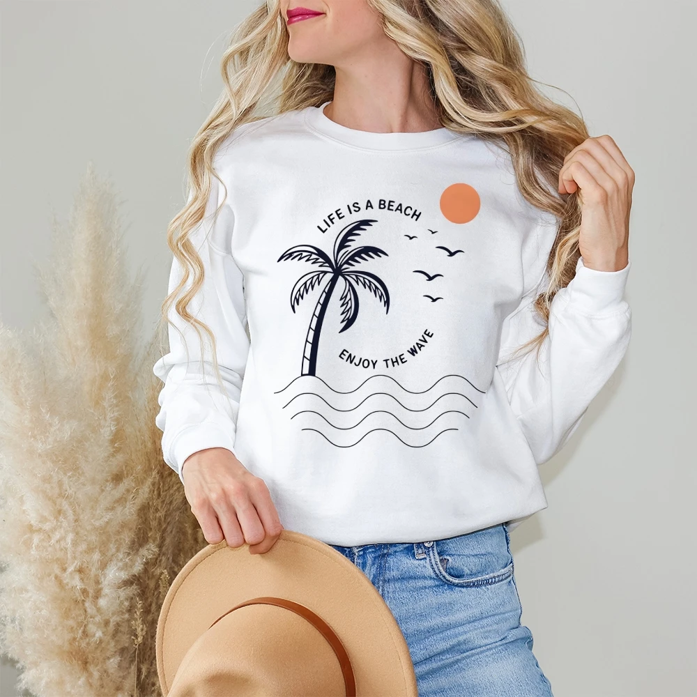 Y2K グラフィックカジュアルクルーネックスウェットシャツ女性服プリントストリート特大トップパーティー夏のココナッツの木快適な