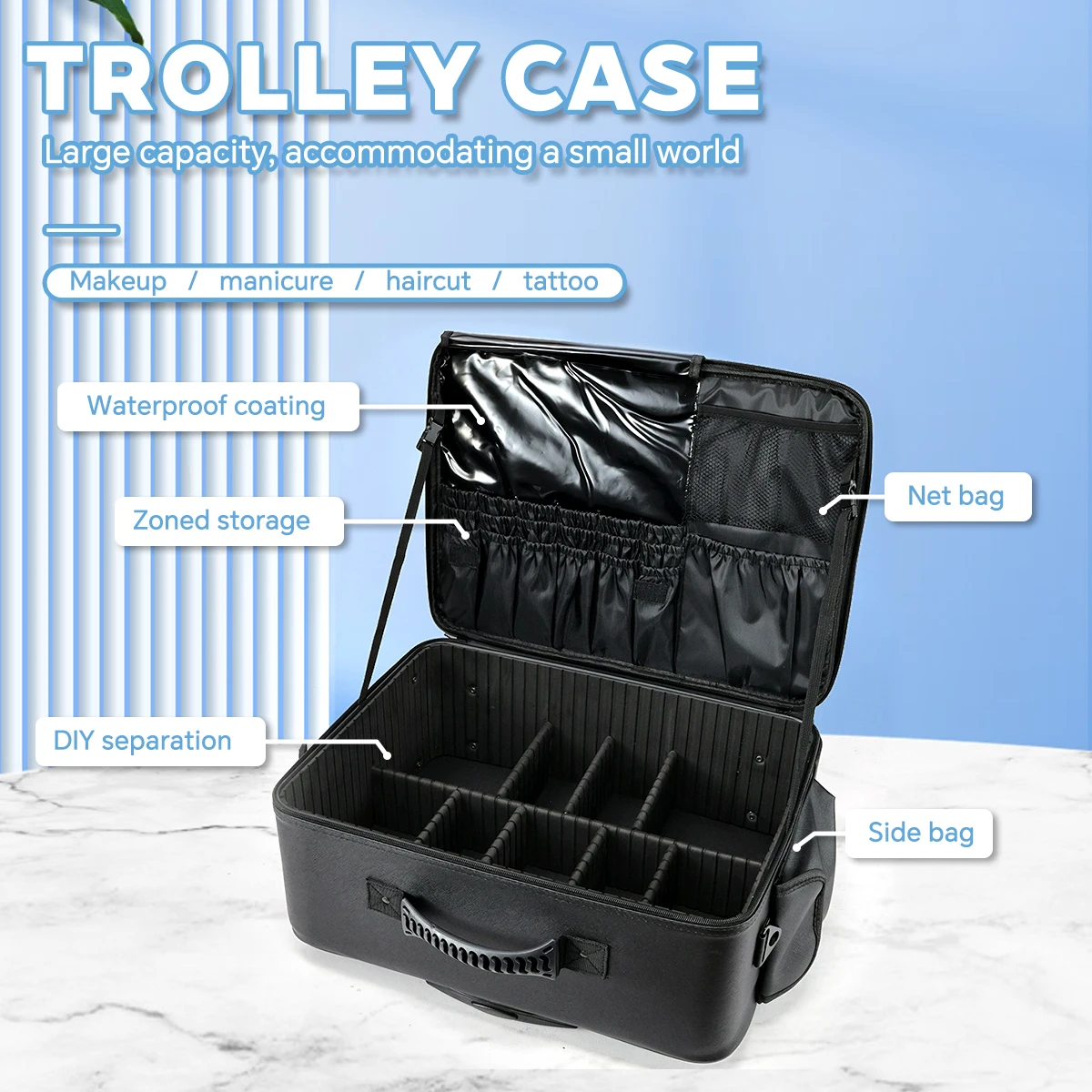Large Capacity Rolling Makeup Case, Cosmetic Travel Bag with Wheels & Brush Holder, Isolation Trolley for Beauty Artist/Storage