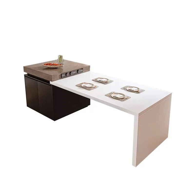 

Выдвижной остров из каменной плиты с индукционной плитой, обеденный стол, встроенный открытый кухонный чайный бар, рабочий стол двойного назначения