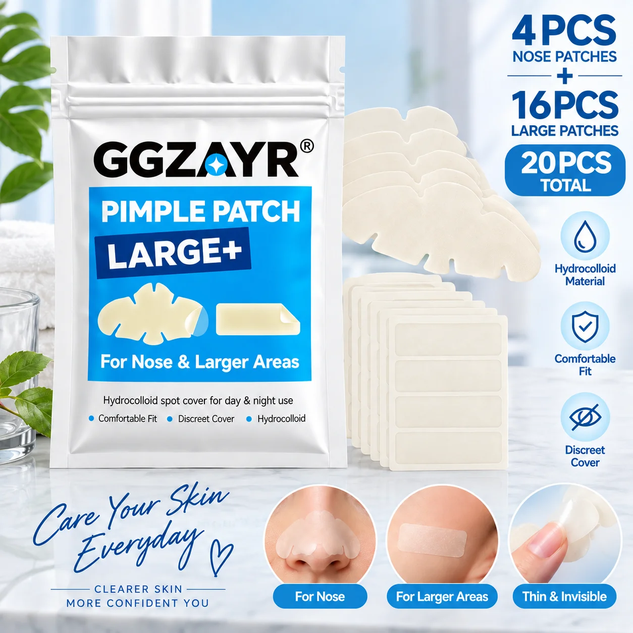 20PCS Hydrocolloid Pimple Patches, 4 Nose Patches + 16 Large Face Spot Covers for Day & Night Use