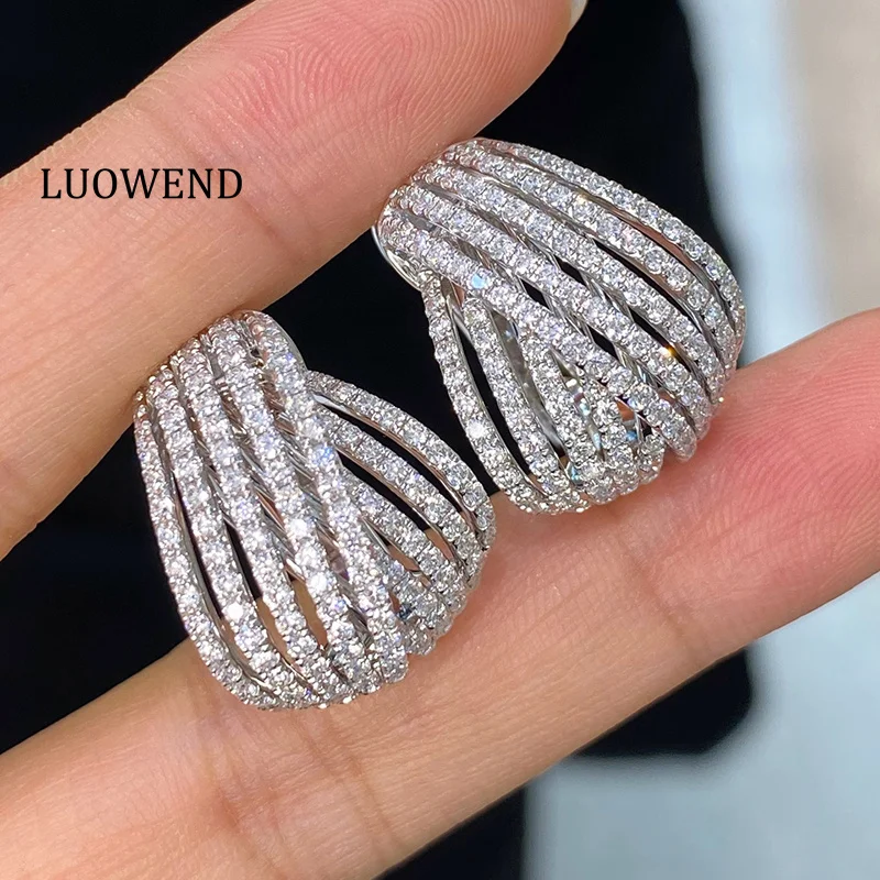 LUOWEND 100% 18K White Gold Earrings Luxury Elegant Style Real Natural Diamond Hoop Earrings for Women High Party Jewelry