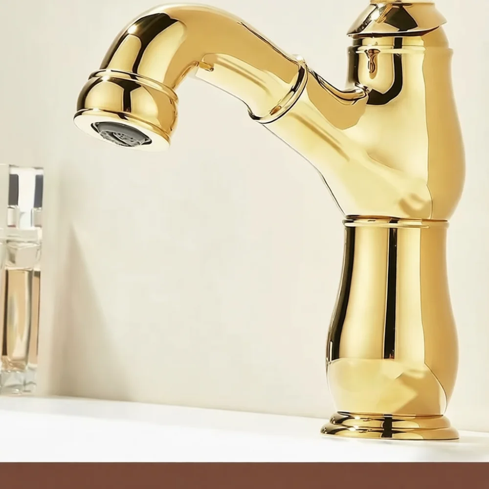 Luxury Golden Basin Faucet Pull Out Bathroom Sink Mixer Tap Vintage Style Ceramic Handle Household Water Saving Faucet