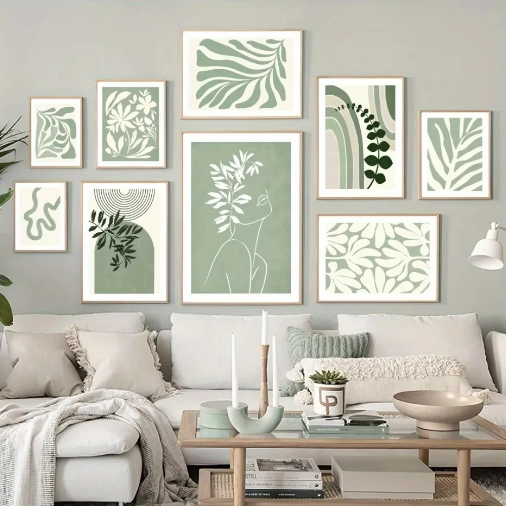 1 Stück rahmenloser Bohemian-Kunstdruck mit grünen Blättern und Blumen, abstrakter Diamant-Kunstdruck, Wanddekoration für Wohnzimmer, Schlafzimmer oder Büro