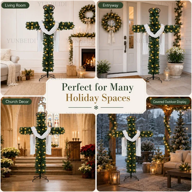 150/180cm Cross Shaped Christmas Tree Pre Lit Warm LED Lights Artificial PVC Xmas Tree Religious Holiday Home Outdoor Decoration