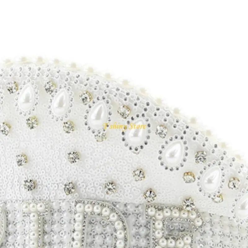 N58F Wedding BRIDE Captain Hat with Diamond&Pearl Women Wedding Banquet Party Hat Prom Stage Performances Hat