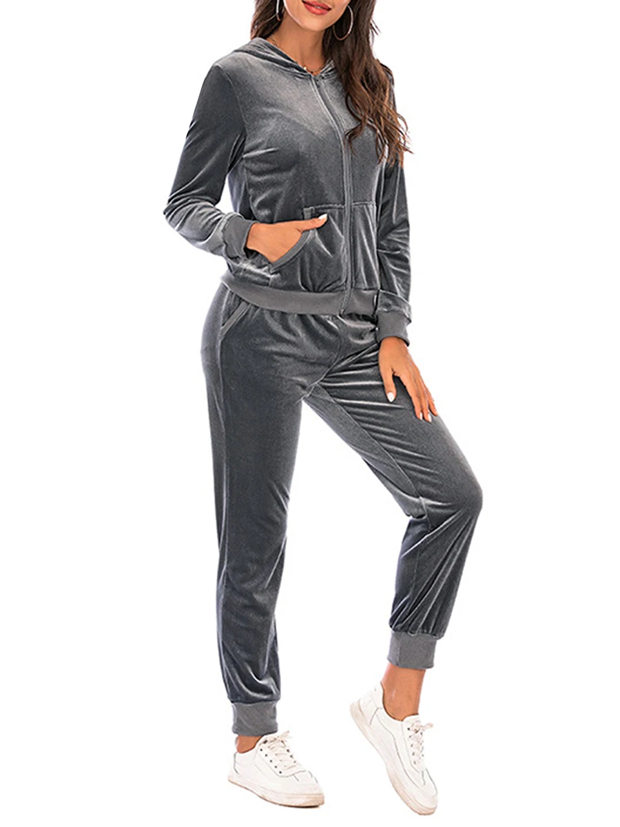 Tute da donna 2 pezzi felpa con cappuccio e pantaloni della tuta con cerniera in tinta unita per abbigliamento sportivo Set di abiti da allenamento