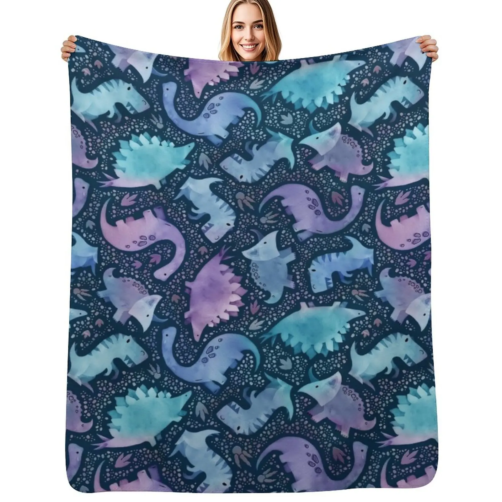

Watercolor dinosaur purple and blue on navy Throw Blanket Machine Washable Soft Warm Blanket