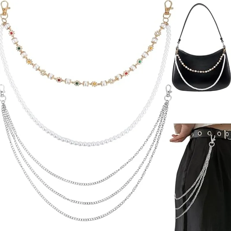 Silver Chain Bag Accessories Imitation Pearl Double Layer Metal Chain with diamonds Decoration Women chains