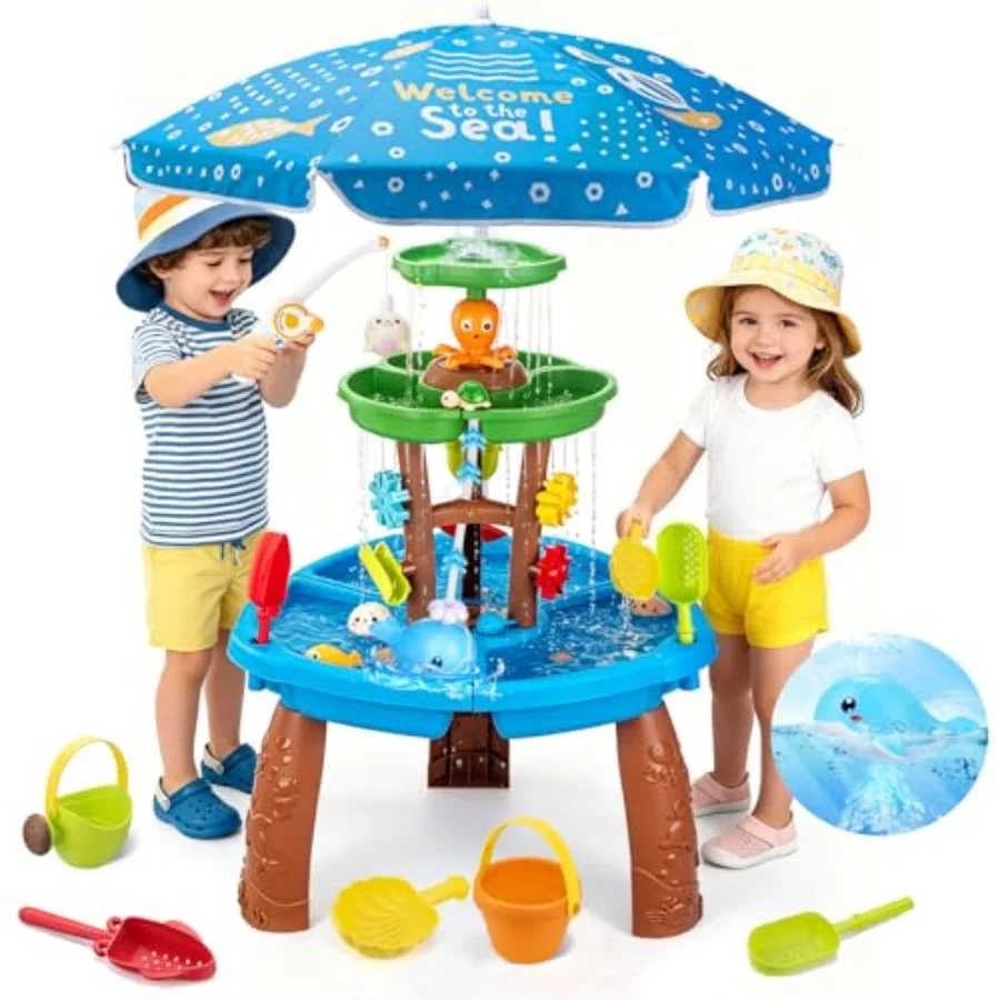 Outdoor water table for kids aged 3-8: plastic sensory play table with blue auto water-absorbing pump, white umbrella, and beac