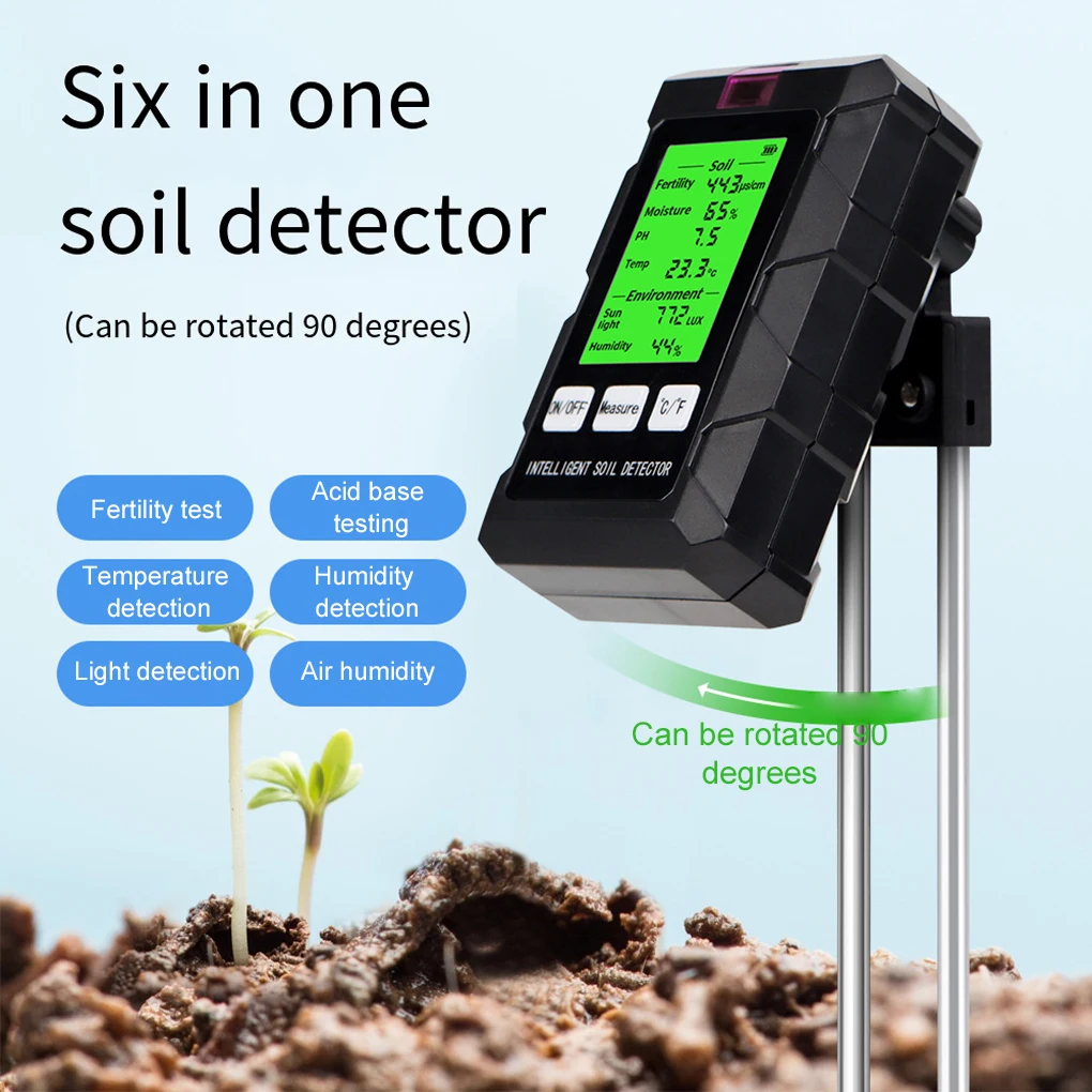 Digital 6 in 1 Soil PH Meter Fertility Soil Moisture Sunlight Ambient Humidity Temp Tester Monitor Detector Garden Soli Analyzer