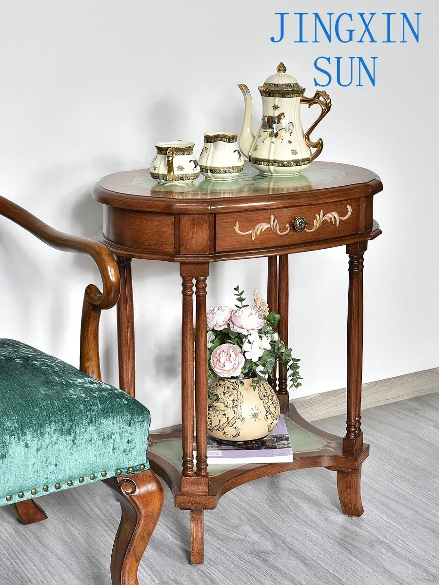 Painted side table, living room corner, hand-painted sofa, phone, flower, small table