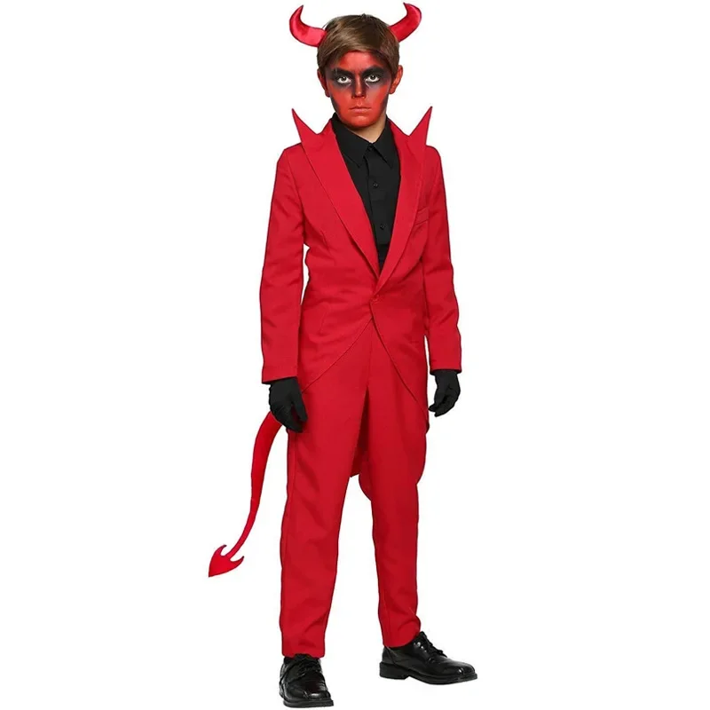 Kids Red Demon Devil Evil Jacket Pants Dress Halloween Cosplay Costumes Boys Girls Bull Ghost Party Role Playing Up Outfit