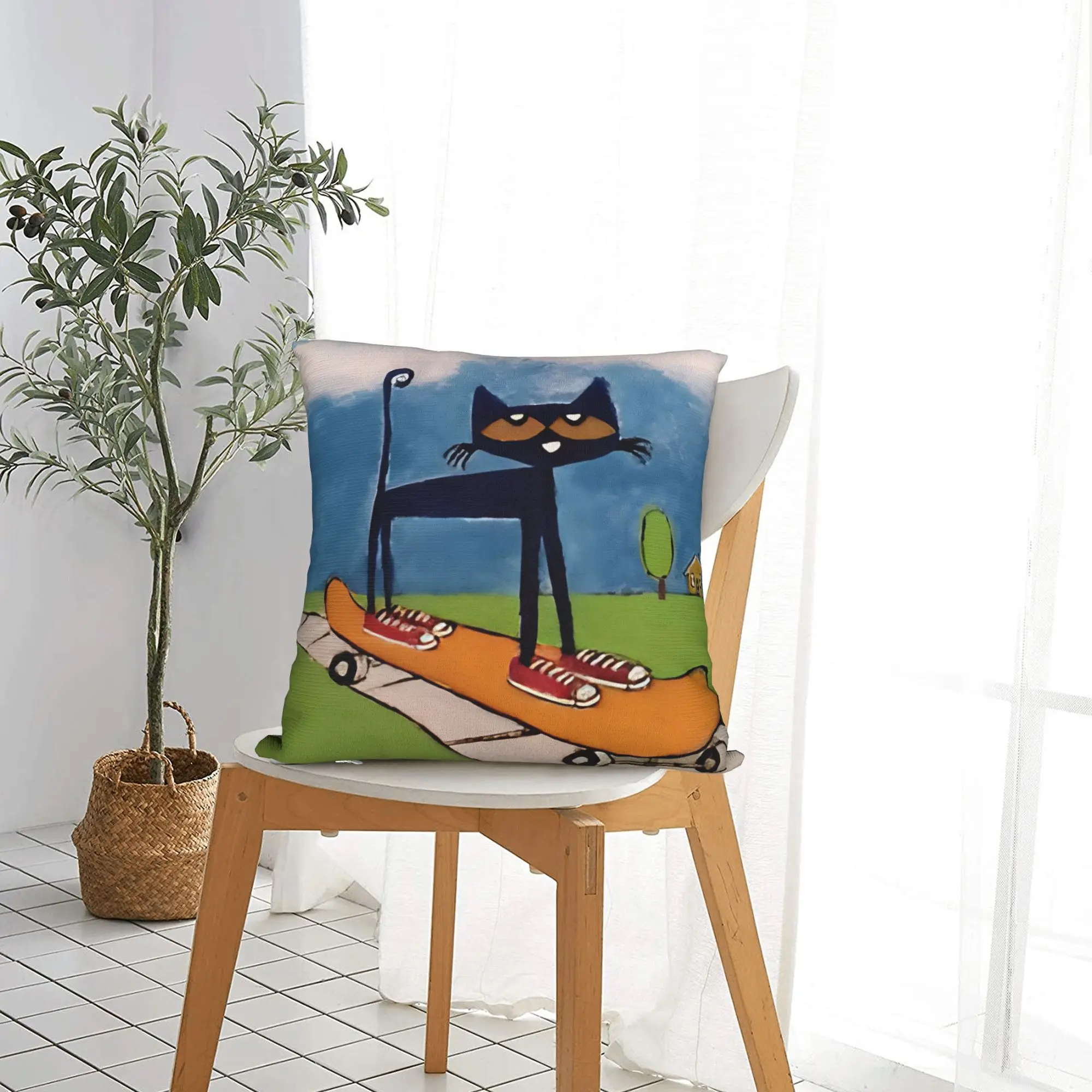 Petes the Cat  Square Pillow Case Skateboarding Cat Cushion Covers Custom Zippered Decorative Throw Pillow Case Cover for Car