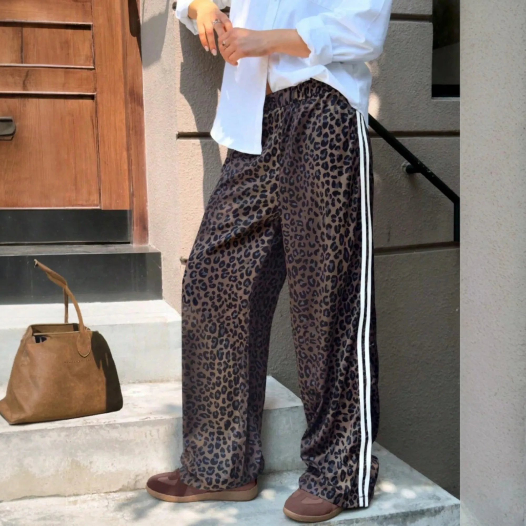 Pantalones con estampado de leopardo para mujer, pantalones guepardo de cintura alta para mujer, pantalones elásticos de pierna ancha, pantalones casuales de moda de otoño