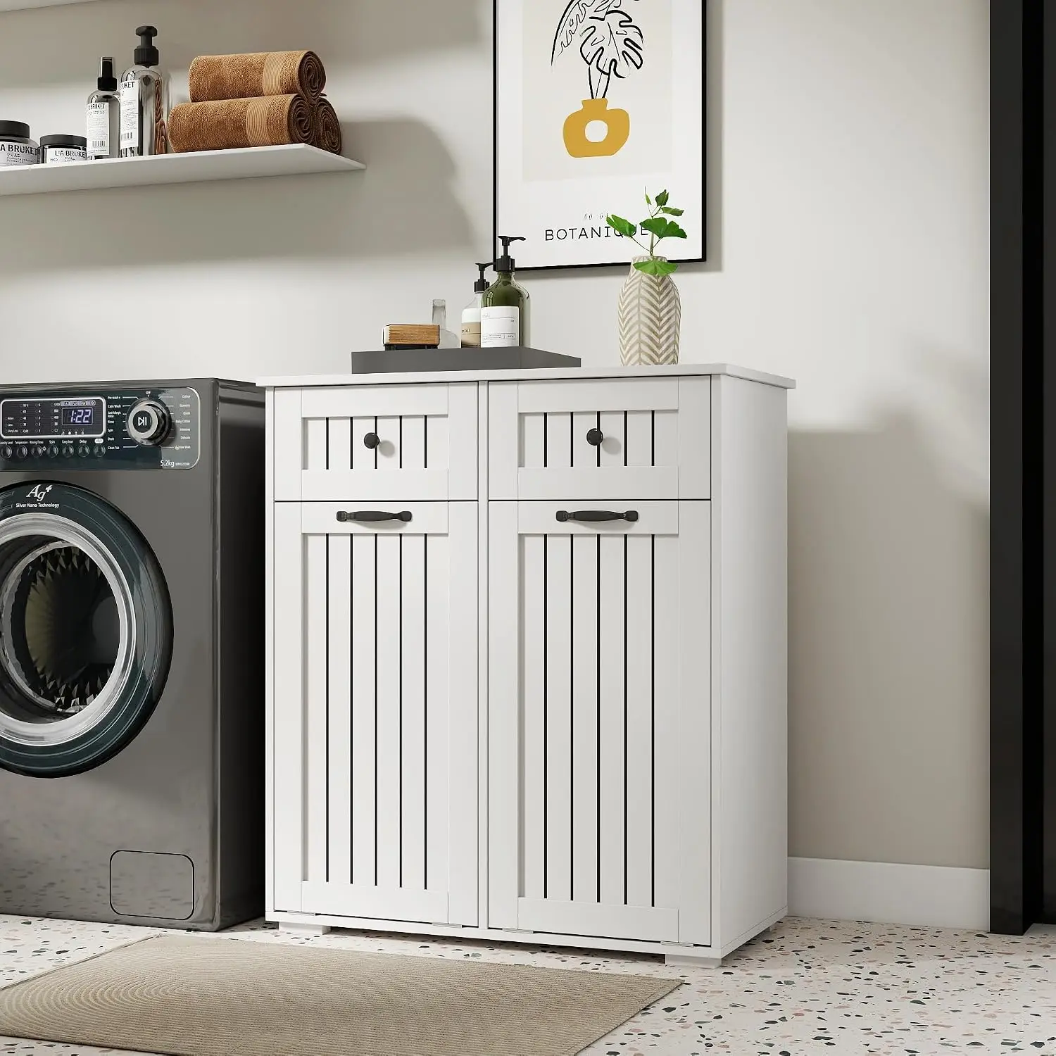 White Laundry Cabinet, Freestanding Tilt Out Hamper Storage Cupboard, Customized