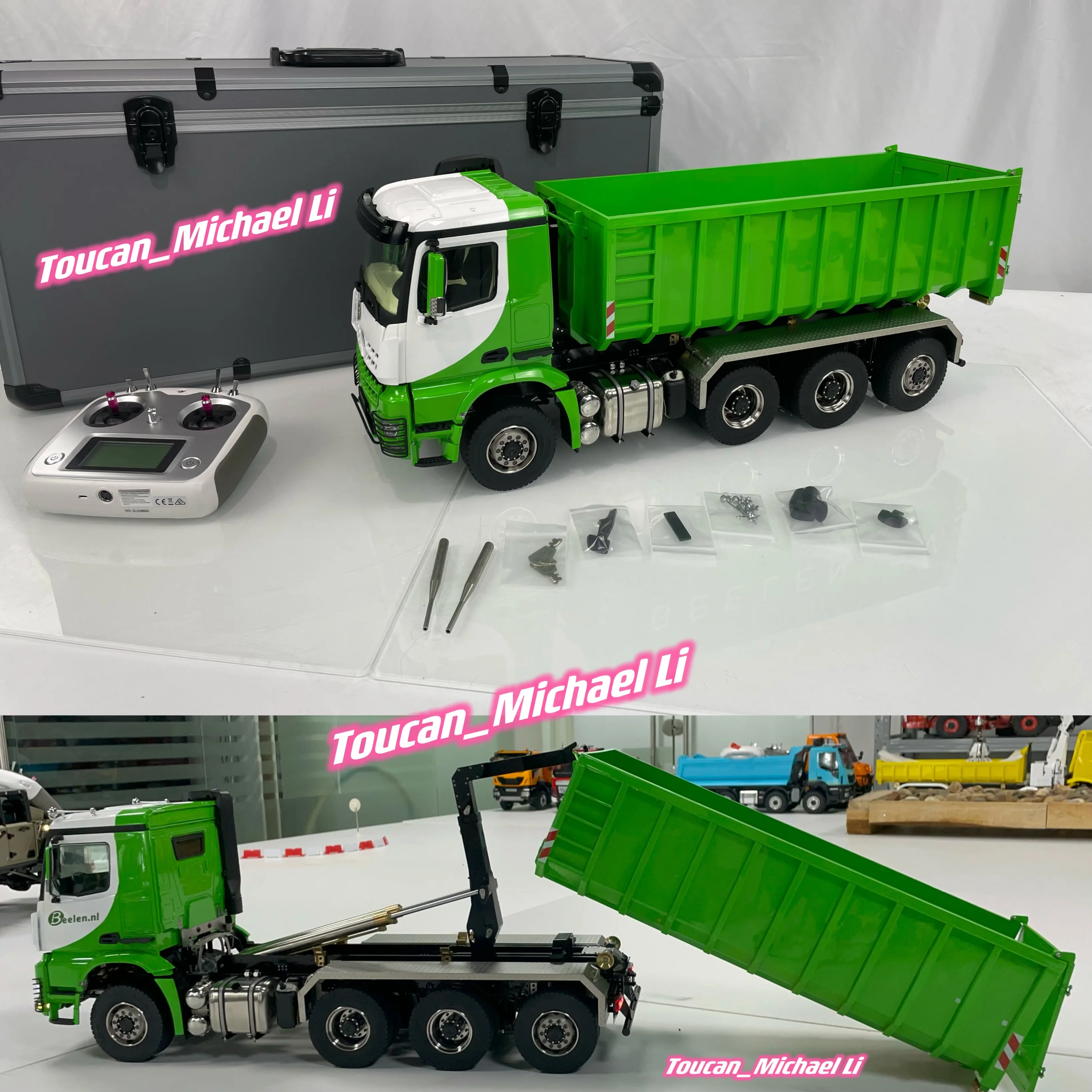 In Stock 8x8 1/14 Hydraulic RC Full Dump Truck Green Metal Roll On Tipper Car Model Sound Light System Remote Control Toy Model