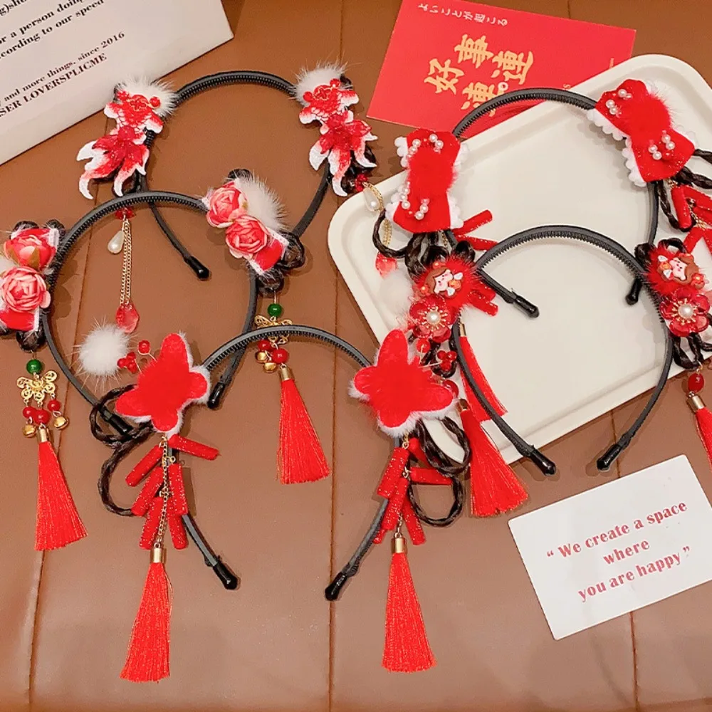 

Cute Chinese Style Hanfu Wig Headband Pearl Ancient Flower Tassel Headband Headwear Hair Accessories New Year Headwear Girl