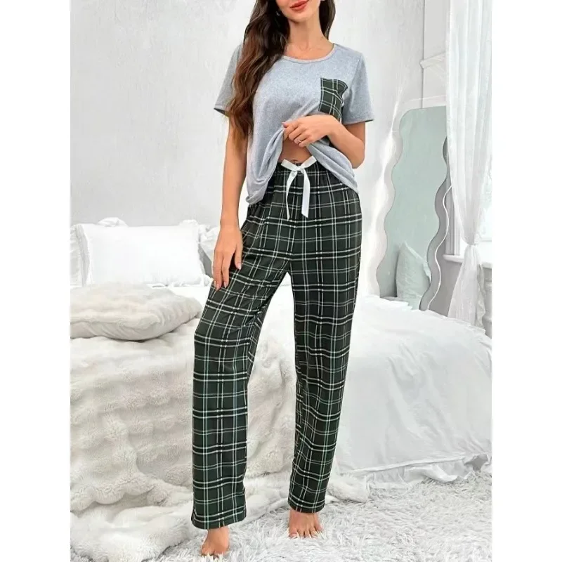 Ladies' Home Clothes Bow Chest Bag Letter Round Neck Short Sleeves Fashion Contrast Color Blocked Plaid Pants T-shirt Pajama Set