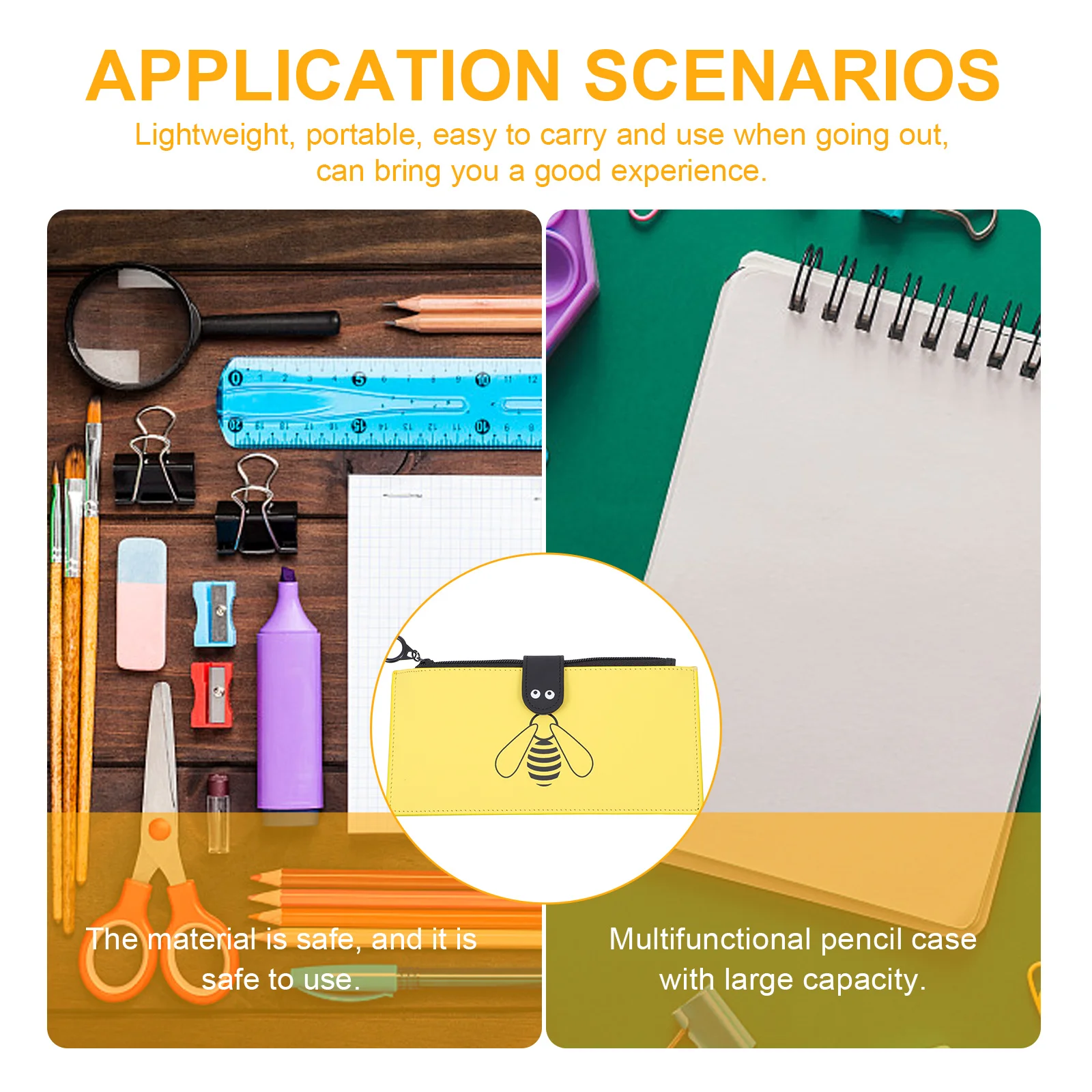 

Bee Printed Pencil Bag Yellow Student Stationery Organizer Large Capacity Multi-Functional Portable Pen Storage Pouch