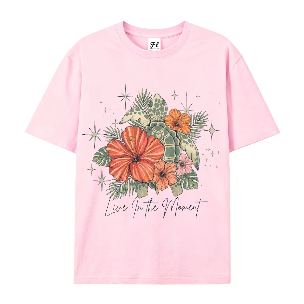 Sea Turtle T Shirt Women Live In The Moment Hibiscus Graphic Tees Bohemian Beach Summer Cottagecore Oversized White Tops