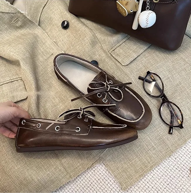 Women's flat leather British style shoes distressed retro style slip-on casual versatile genuine leather single shoes for women