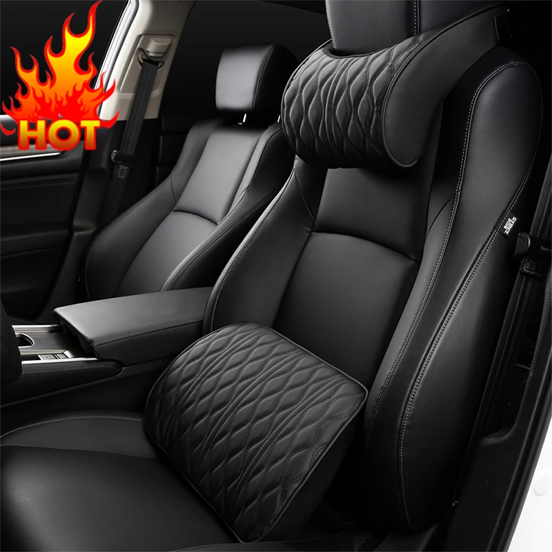 PU Leather Car Headrest Memory Foam Car Rest Neck Pillow Back Cushion Auto Seat Neck Rest Waist Supports Set Car Lumbar Pillows