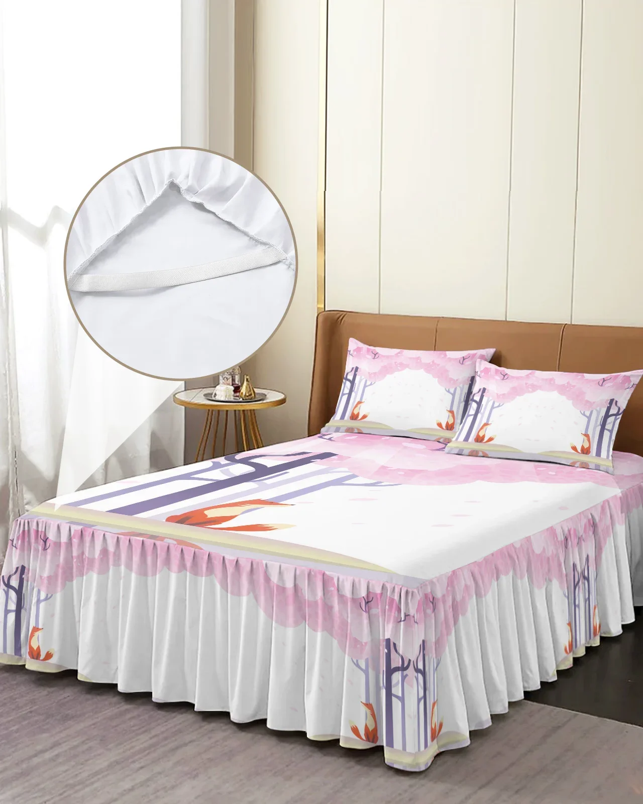 Cartoon Cherry Blossom Fox Bed Skirt Elastic Fitted Bedspread With Pillowcases Mattress Cover Bedding Set Bed Sheet