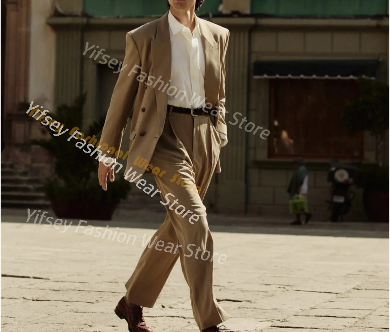 

Khaki Full Men Suit Social Set Wedding Groom Custom Made Luxury Brands Male Jacket Pants Slim Fit Prom Blazer Trousers Outfit