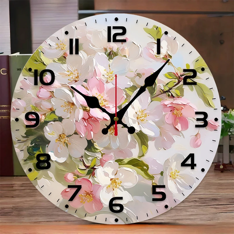 Pink White Flower Wooden Round Silent Hanging Wall Clock, Suitable For Living Room, Office, Study Room, Bedroom, Home Decoration