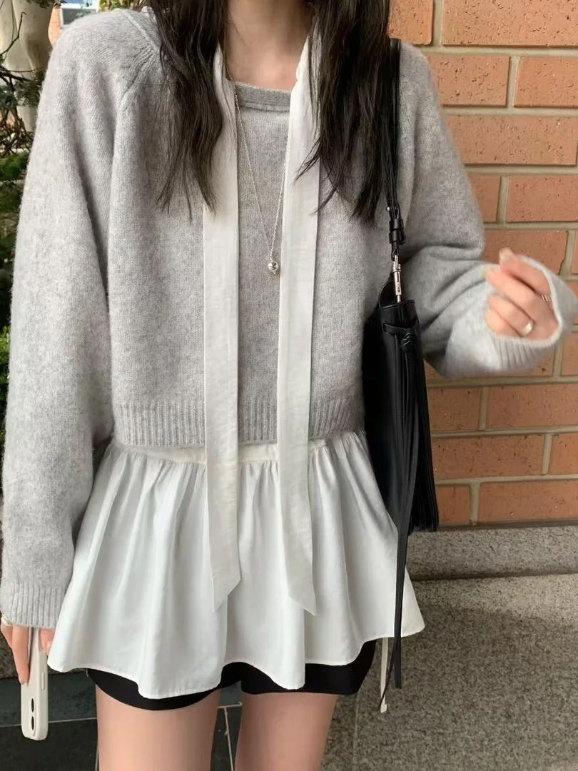 تصميم كوري Sle مربوط بشكل حلو على الخصر ثنيات Dr للسيدات تصميم خريفي أبيض irt طويل Sve للفتيات متعدد الاستخدامات Dr