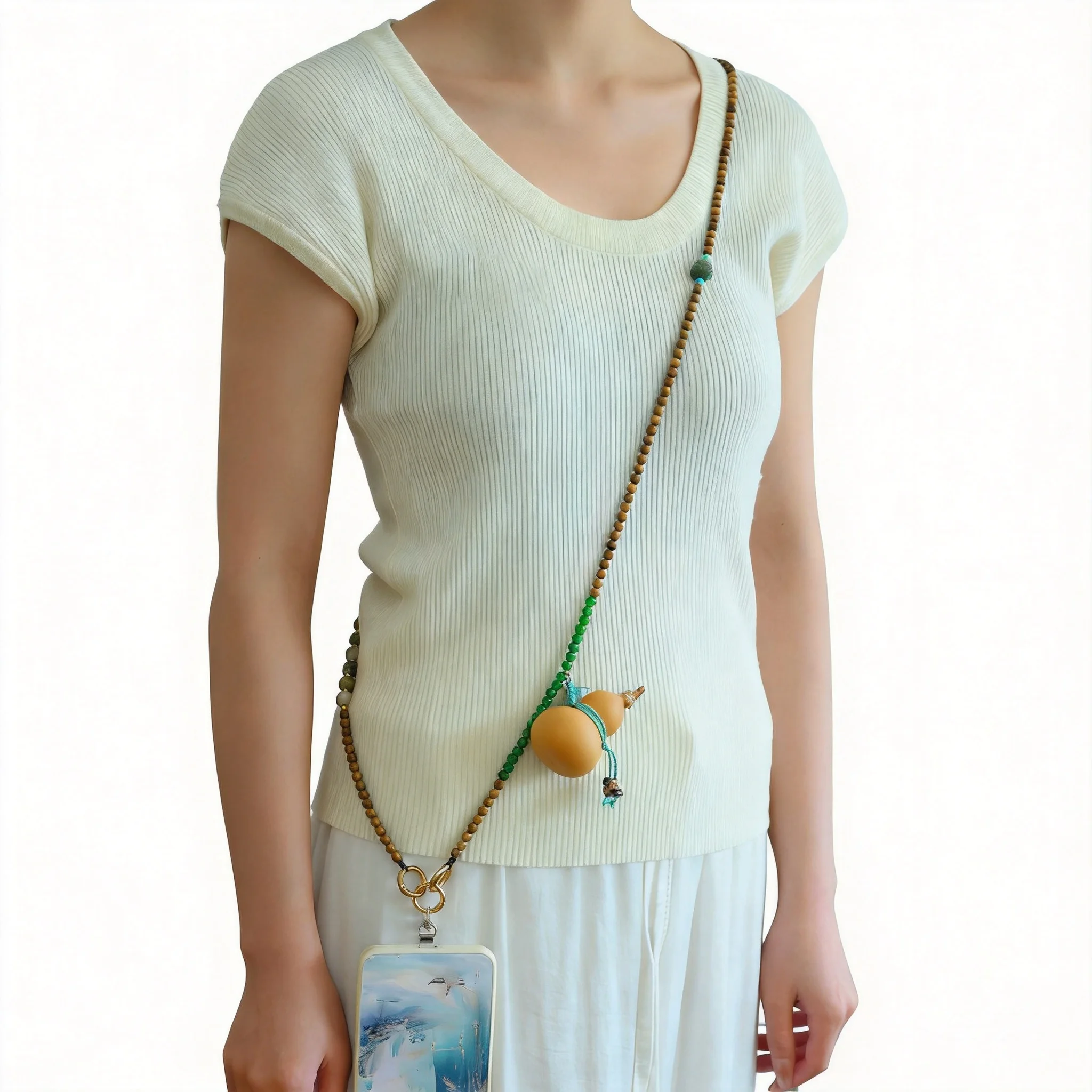 Chinese Style Lucky Auspicious Green Sandalwood 6mm Beaded 120cm Crossbody Strap Natural Gourd Pendant Phone Lanyard Bag Chain