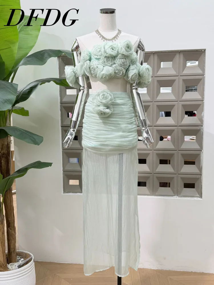 

DFDG Women's Spring Summer Strapless 3D Flower Crop Top Ruched Sheer Skirt Set Elegant Formal 2026 Trendy Feminine Fashion Set