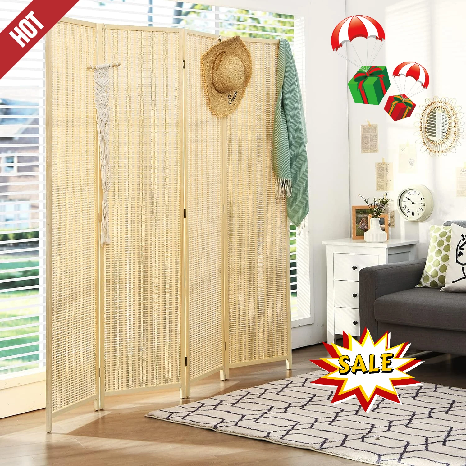 Bamboo Room Divider, 6 Ft Tall Freestanding Folding Privacy Screen, Wooden Room Separators Divider Wall, Portable Partition