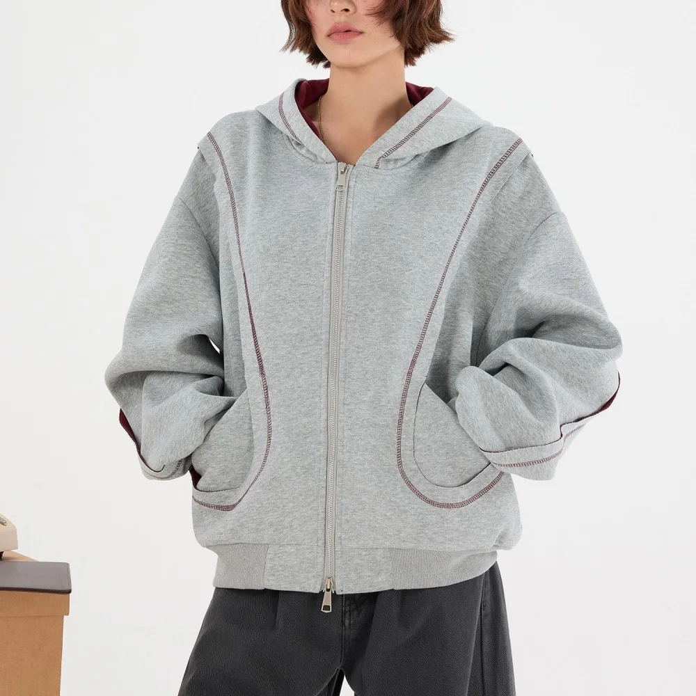 Couples Trendy Loose Hoodie Oversized Patchwork Design Retro Zip Jacket for Men & Women Casual Slimming Outerwear