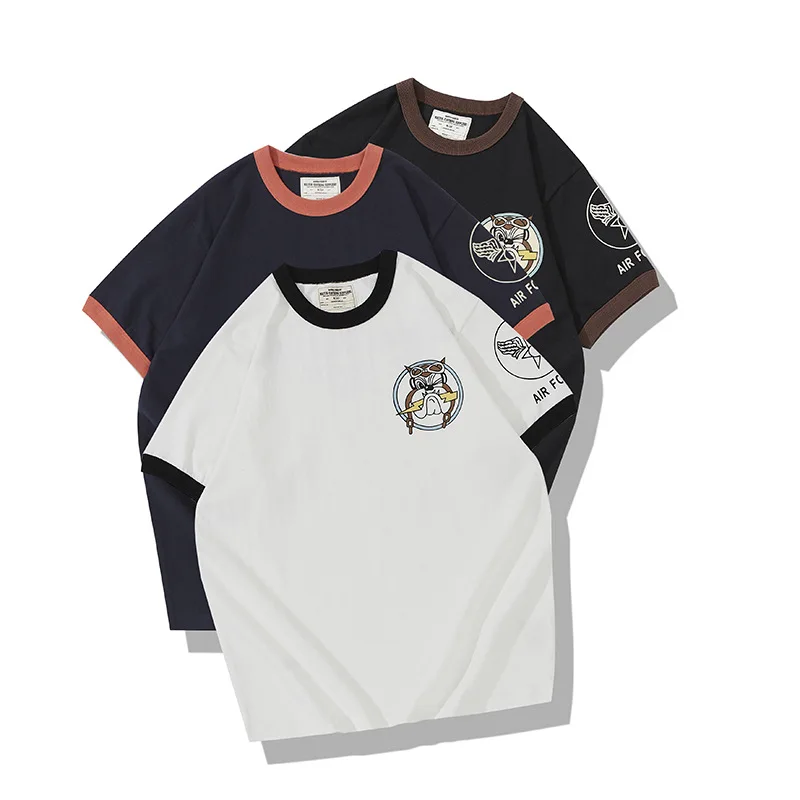 Men's 230g Amekaji Military Air Force Color Block Ribbed Short Sleeve Tee Vintage Crew Neck Casual Street Daily Summer Tops