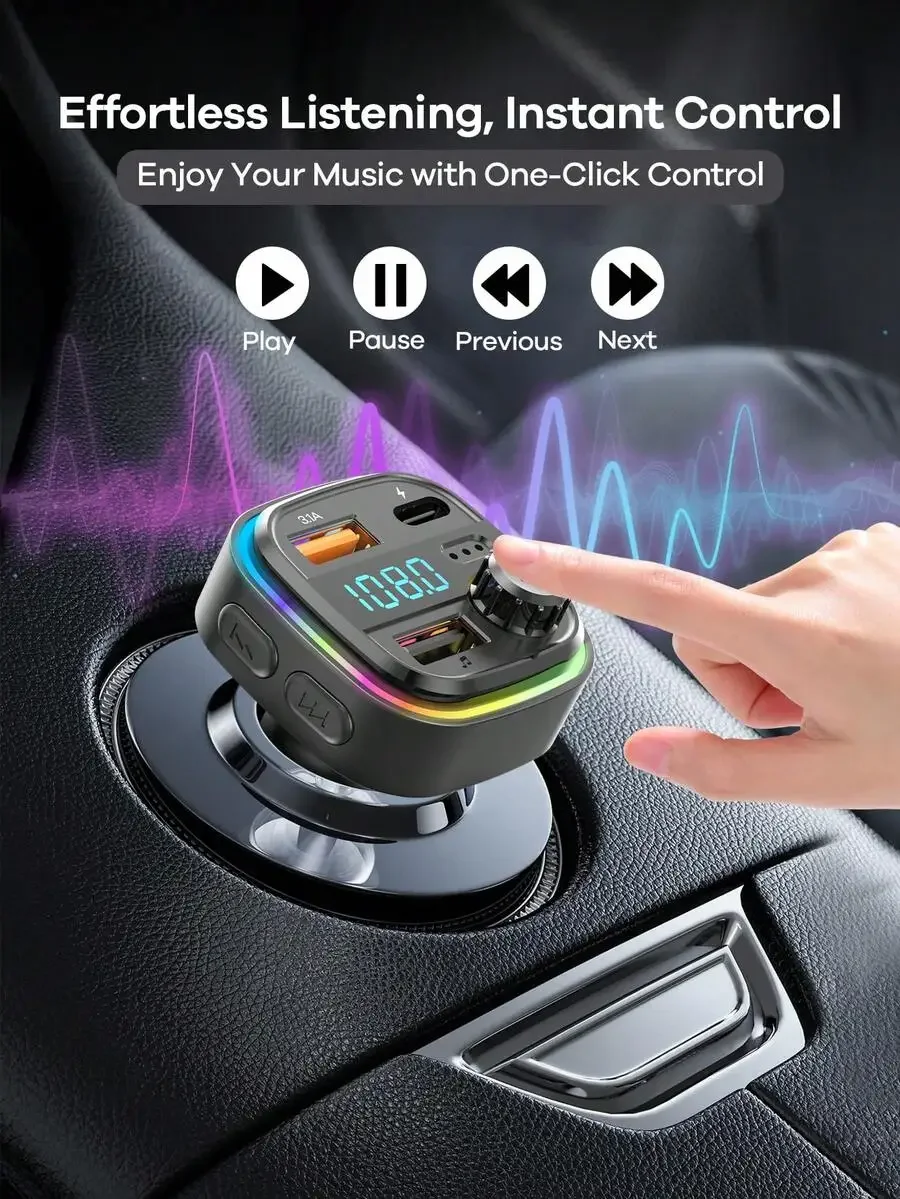 

Bluetooth 5.3 Car Charger With RGB Light, 3-Port Fast Charging, USB-C, Built-In Mic For Music Call Navigation