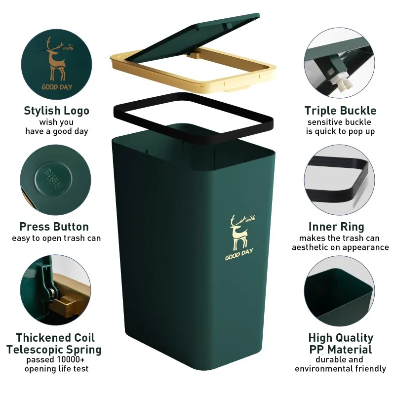 10L/15L Trash Can with Lid Large Container Press-Type Classification Waste Bins for Living Room Bedroom Toilet Kitchen Office