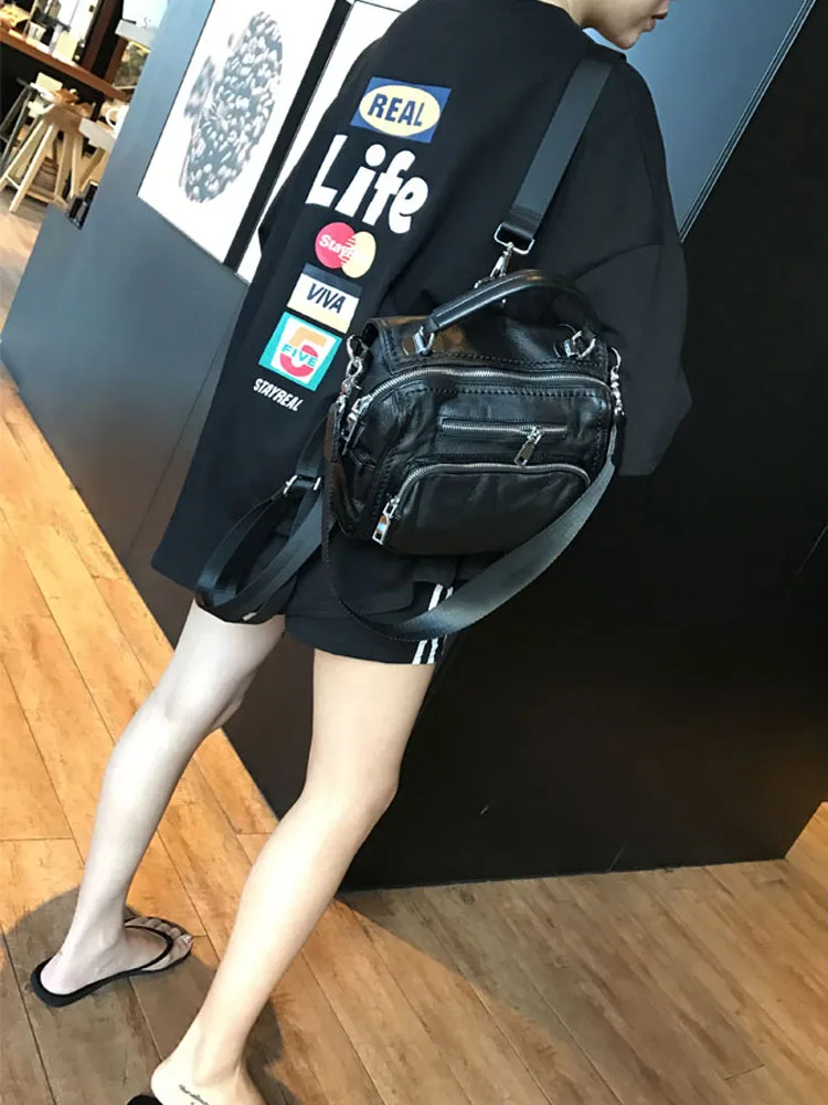 Preto de couro genuíno bolsa feminina moda zíper totes bolsas ombro único simples cor sólida casual crossbody sacos